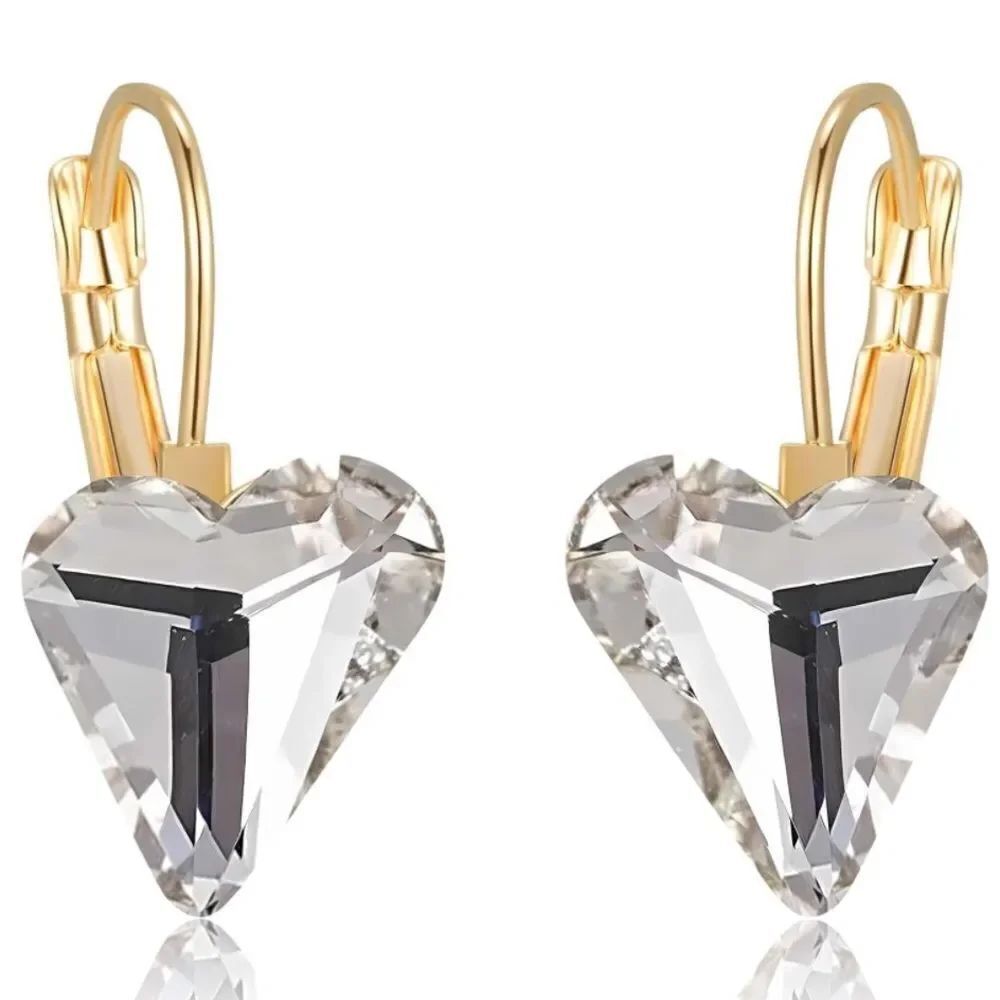 14K Yellow Gold with White Diamond Austrian Crystal Heart Leverback Earrings